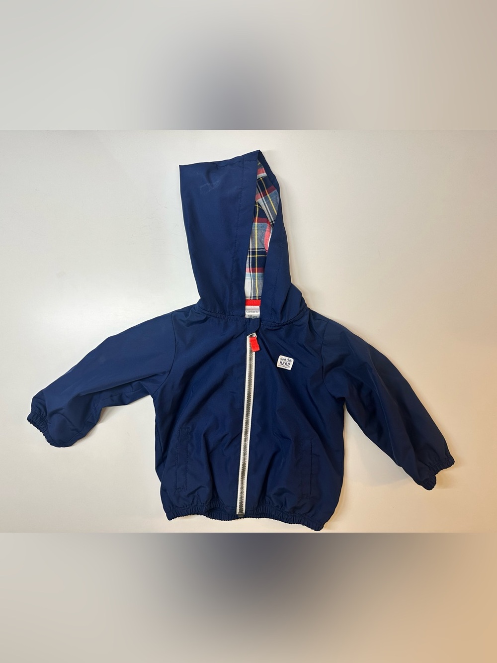 Carter's Navy Hooded wind breaker Jacket with Red Trim and Plaid Lining